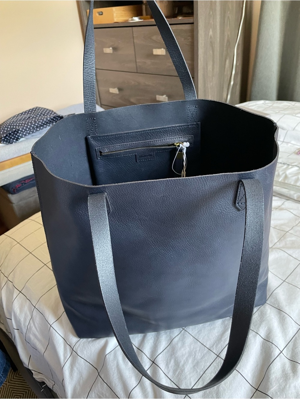 Madewell Large Transport Tote Navy Leather Tote Bag with Zip Pocket